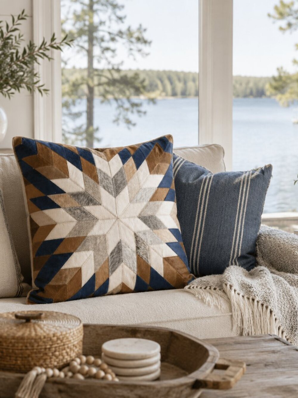 Cowhide Leather Pillow Cover Sham Geometric Starburst Zip Closure NWOT